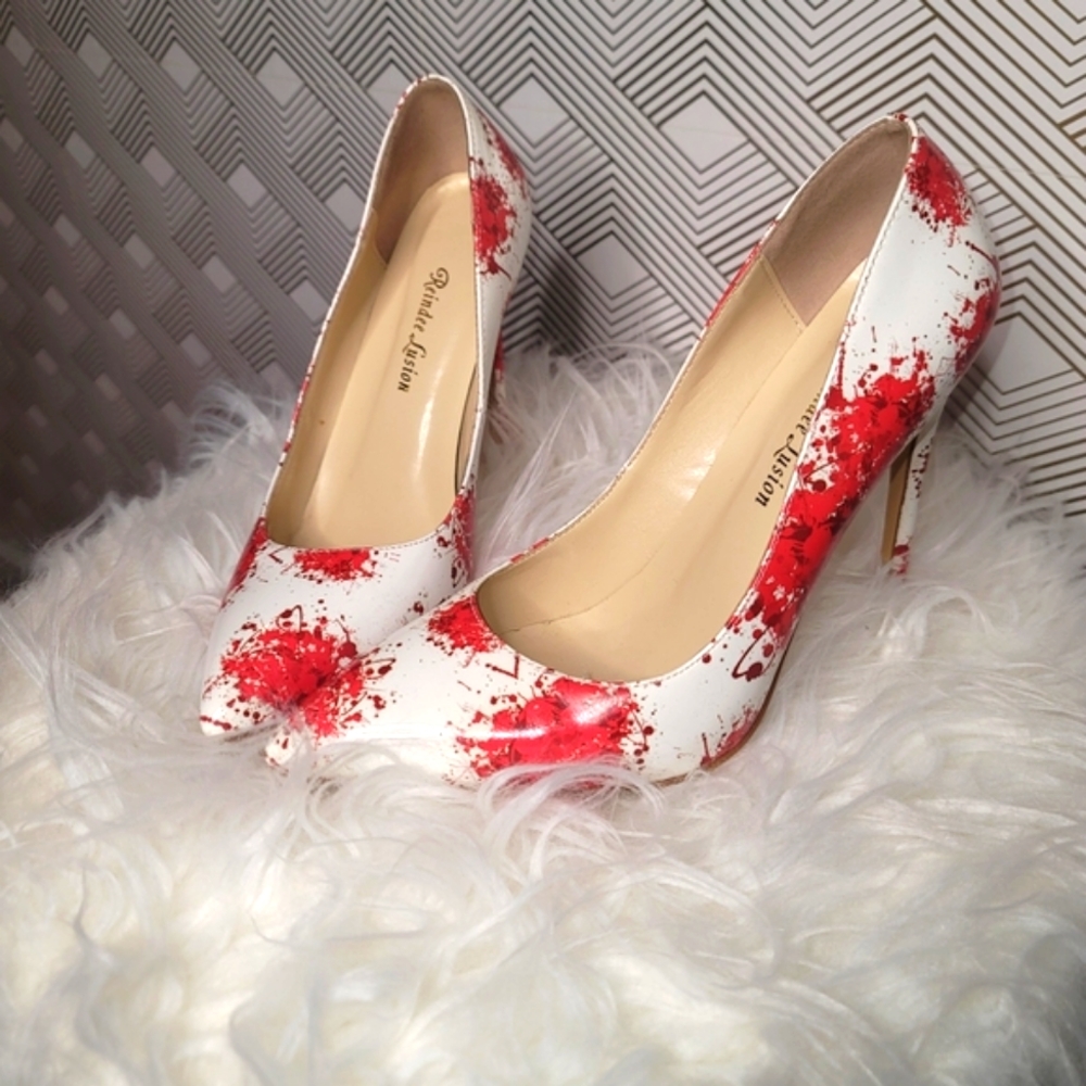 White heels red splatter print